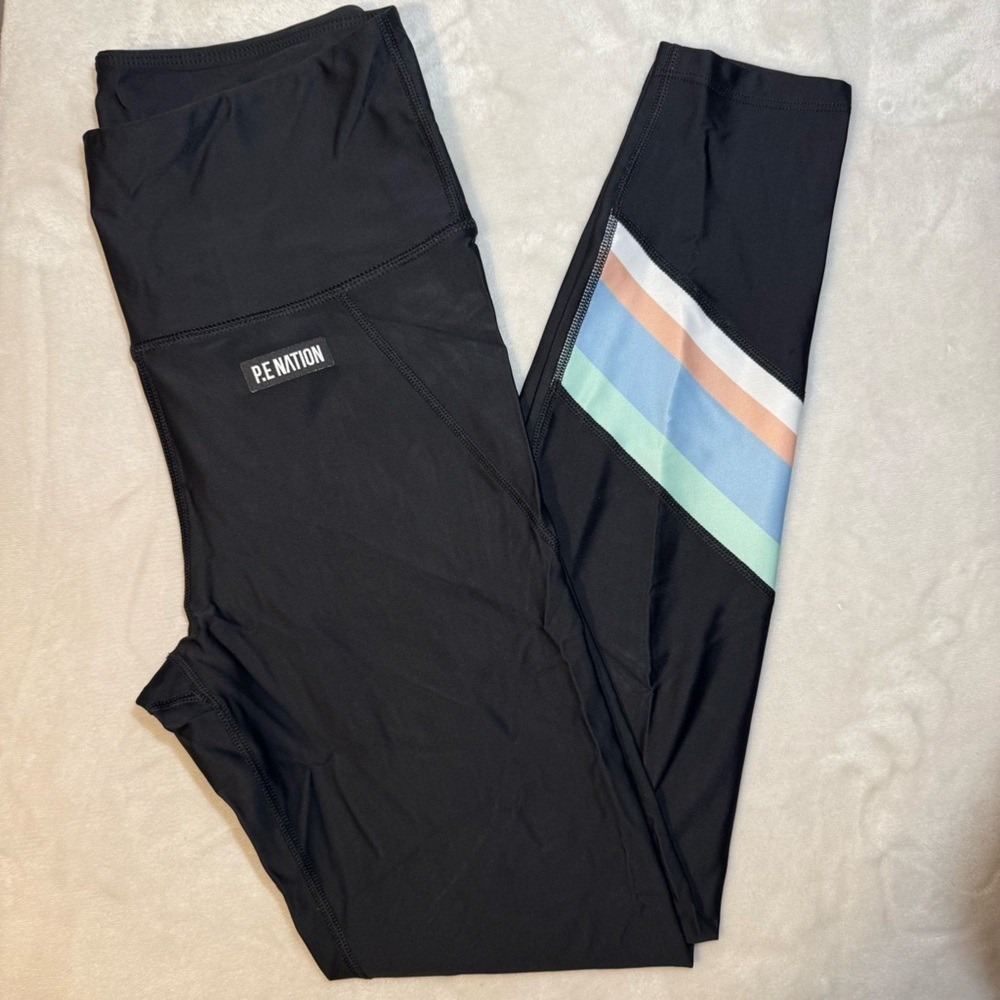 P.E‎ Nation Black Leggings Stripe Panel Size L
